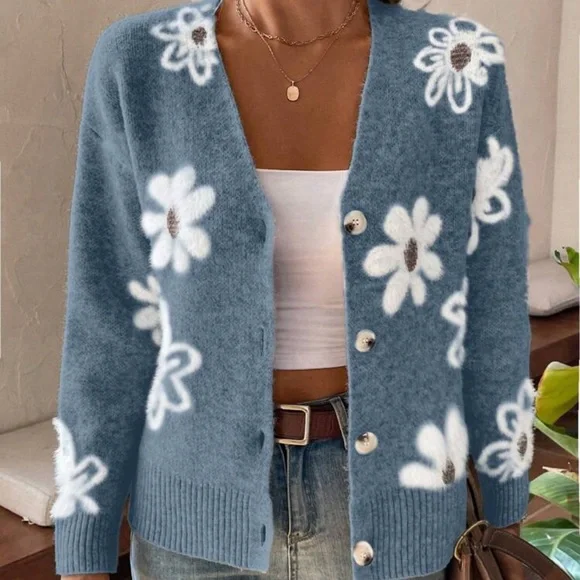 New V neck button down floral cardigan sweater - Picture 5 of 6